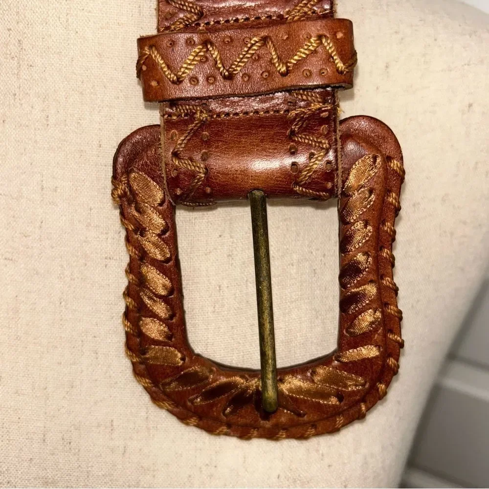 Another Line Tooled Leather Buckle Statement Belt